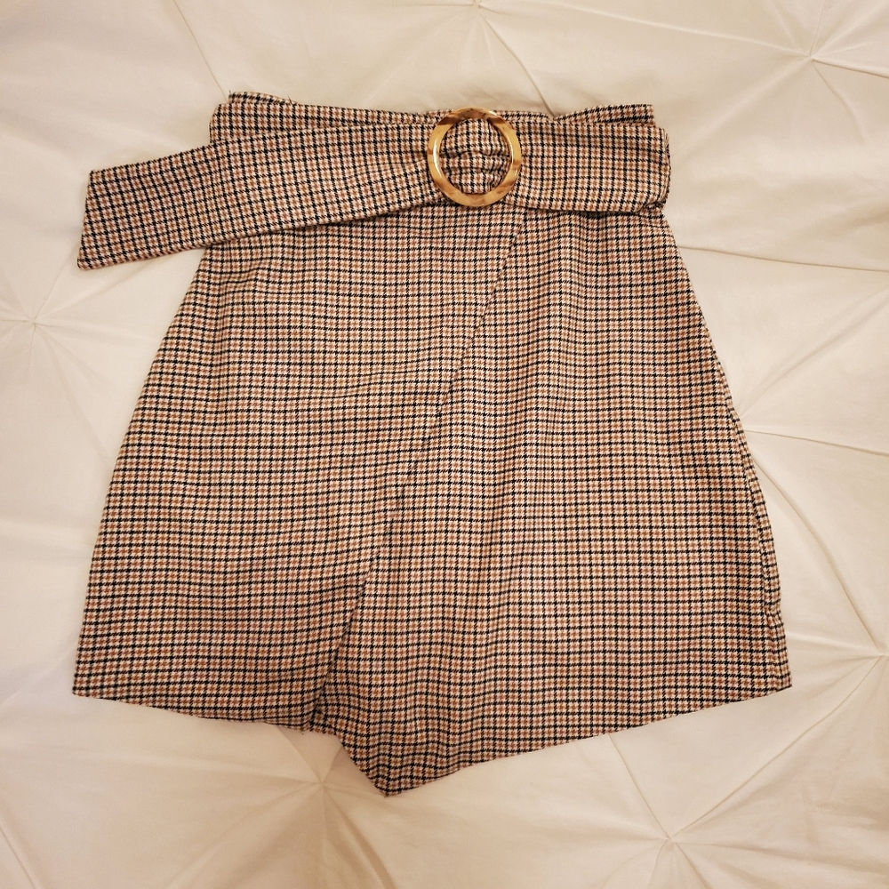Song of Style Mini Skirt in Tan Black Check with Belt